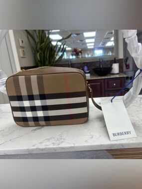 Burberry Beige Classic Check Cosmetic Case with Red Stripe